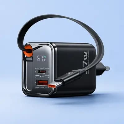 Зарядное устройство Toocki 67W GaN с выдвижным кабелем Type-C, цифровым дисплеем, быстрой зарядкой PPS PD3.0 для iPhone 17 Samsung