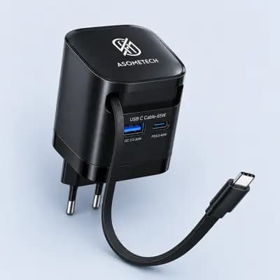 Блок живлення ASOMETECH 65W GaN Зарядний пристрій USB-C PD QC 3.0 з висувним кабелем Type-C 3 порти