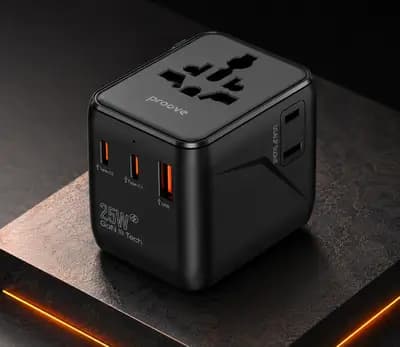 Універсальний дорожній адаптер Proove Trip 25W Black, мережевий перехідник 2×USB-C + USB-A, PD 25W, QC 3.0, GaN