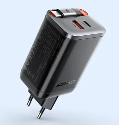 Мережевий зарядний пристрій з кабелем ACEFAST A111 PD67W GaN charger(2*USB-C+USB-A) with retractable cable Black