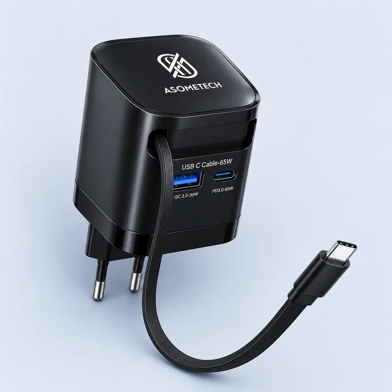 Блок живлення ASOMETECH 65W GaN Зарядний пристрій USB-C PD QC 3.0 з висувним кабелем Type-C 3 порти