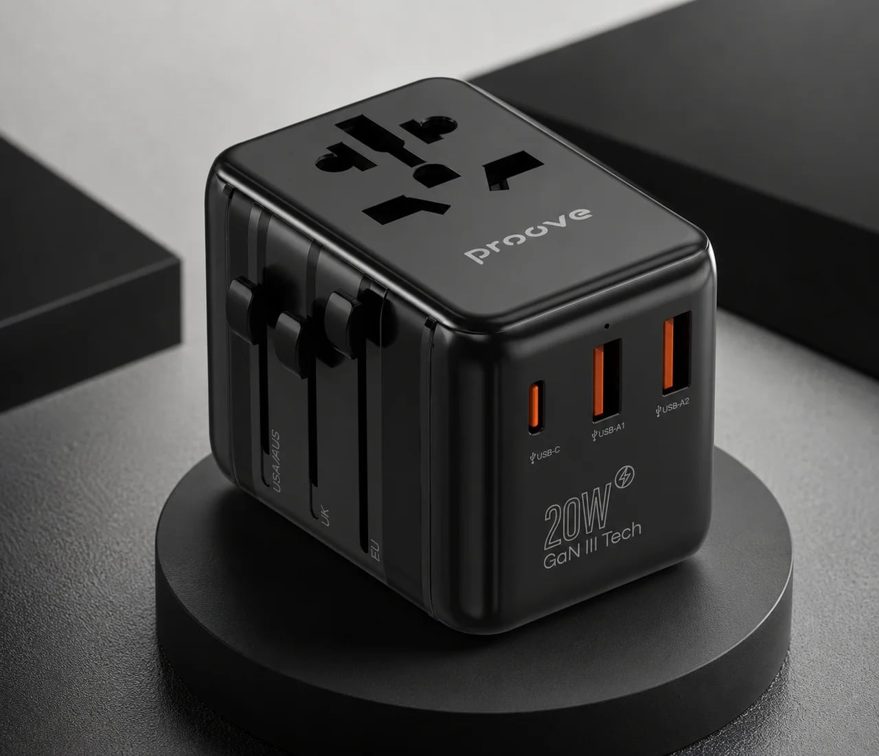 Універсальний дорожній адаптер Proove Trip 20W 9 Black, мережевий перехідник із USB-A та USB-C, швидка зарядка PD 20W
