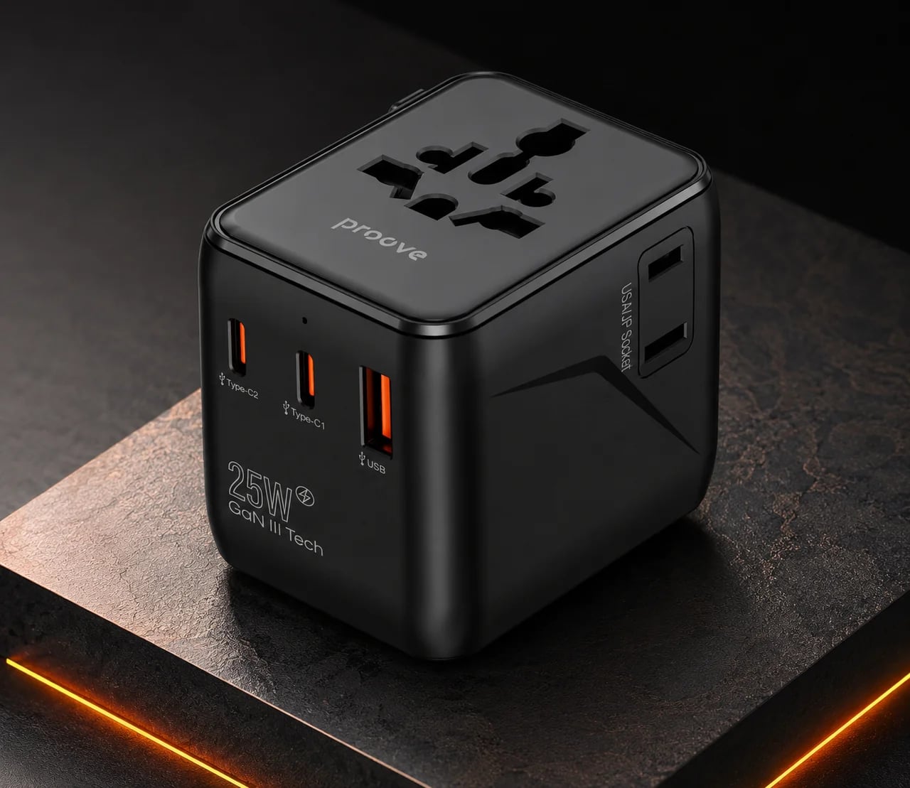 Універсальний дорожній адаптер Proove Trip 25W Black, мережевий перехідник 2×USB-C + USB-A, PD 25W, QC 3.0, GaN
