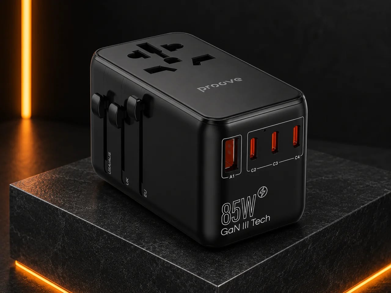 Універсальний дорожній адаптер Proove Trip 85W Black, GaN, 3×USB-C + USB-A, PD 85W Опис товару