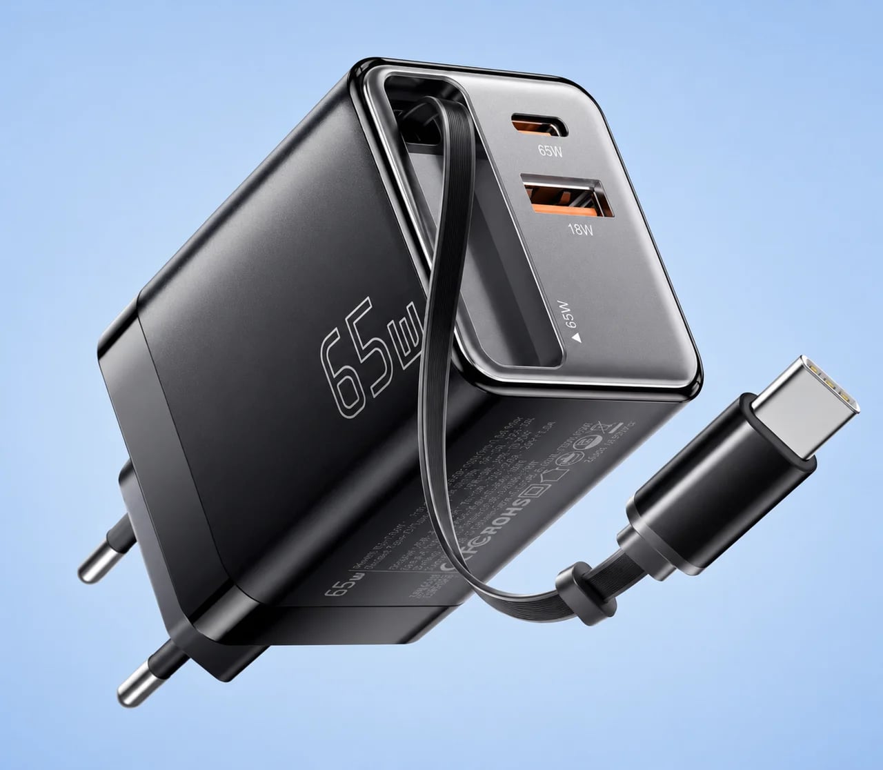 Мережевий зарядний пристрій Essager ES-CD49 2C1U 65W з висувним кабелем Type-C
