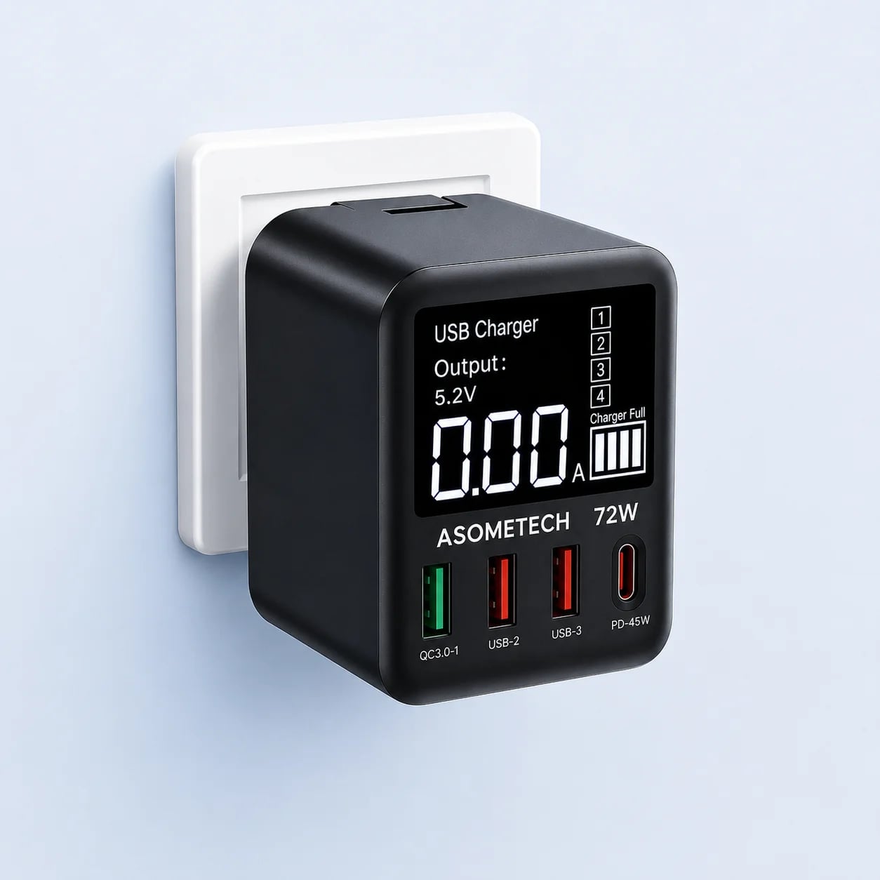 Зарядний пристрій ASOMETECH 72 Вт із 4 портами GaN USB зі світлодіодним дисплеєм QC3.0 PD3.0 PPS 45 Вт USB C швидкий зарядний прис