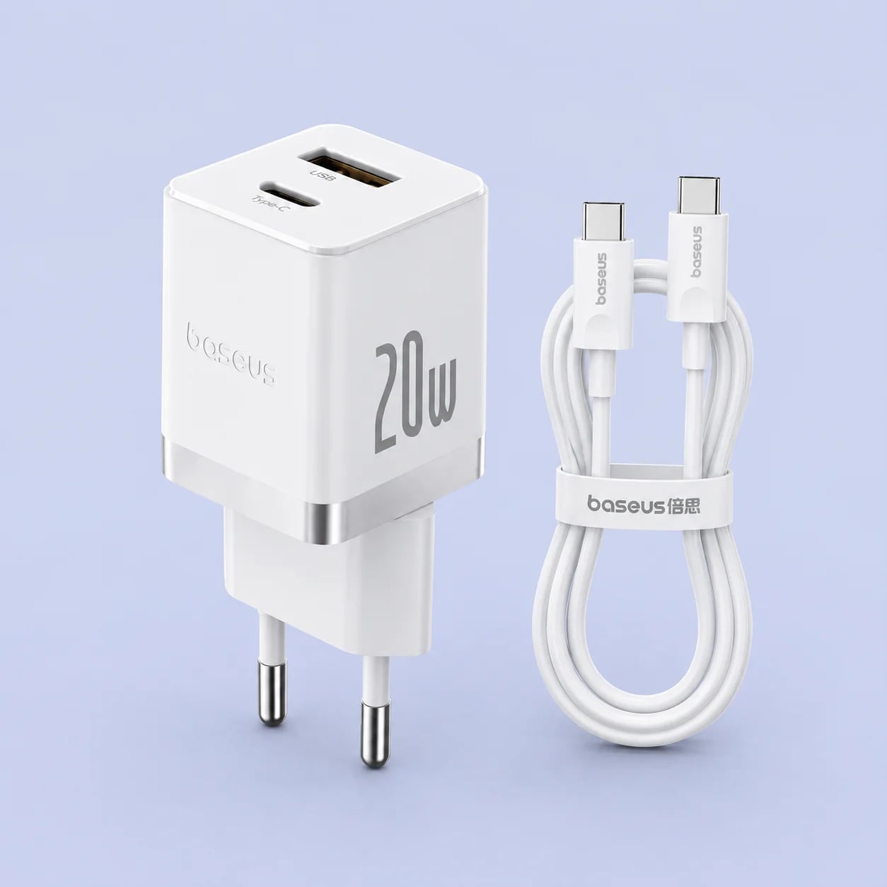 Baseus Palm Fast Charger 20W (Type-C + USB) 20W + Кабель Type-C to Type-C 60W (1m) White