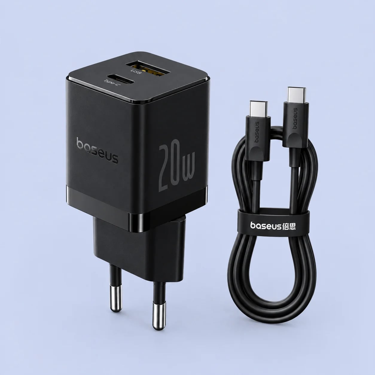Baseus Palm Fast Charger 20W (Type-C + USB) 20W + Кабель Type-C to Type-C 60W (1m) black
