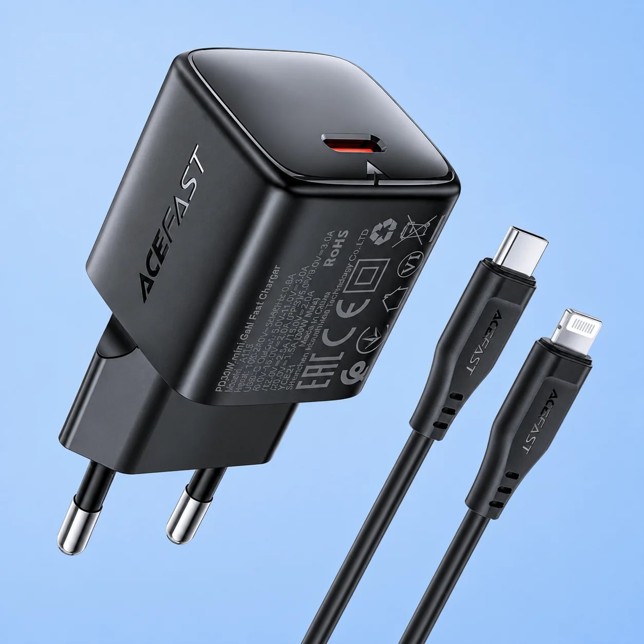 Мережевий зарядний пристрій з кабелем ACEFAST A118 PD30W mini GaN USB-C fast charger set (P16) Black