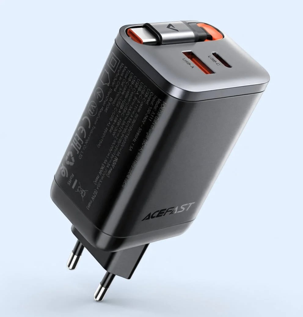 Мережевий зарядний пристрій з кабелем ACEFAST A111 PD67W GaN charger(2*USB-C+USB-A) with retractable cable Black