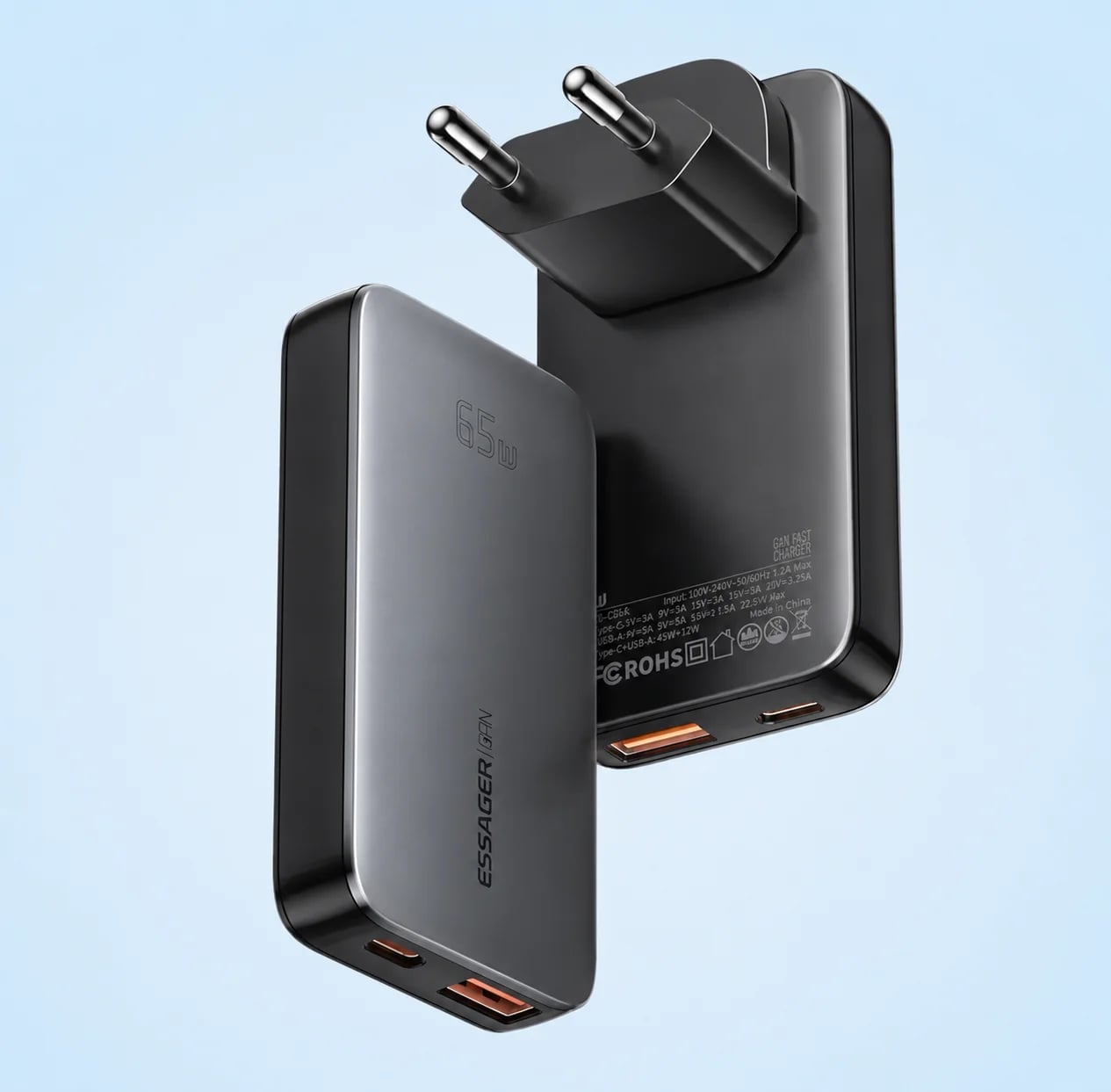 Зарядний пристрій Essager Ultra Thin GaN 65W USB-C + USB-A швидка зарядка PD/QC (ультратонкий, ECT65W-PYB0G-Z)