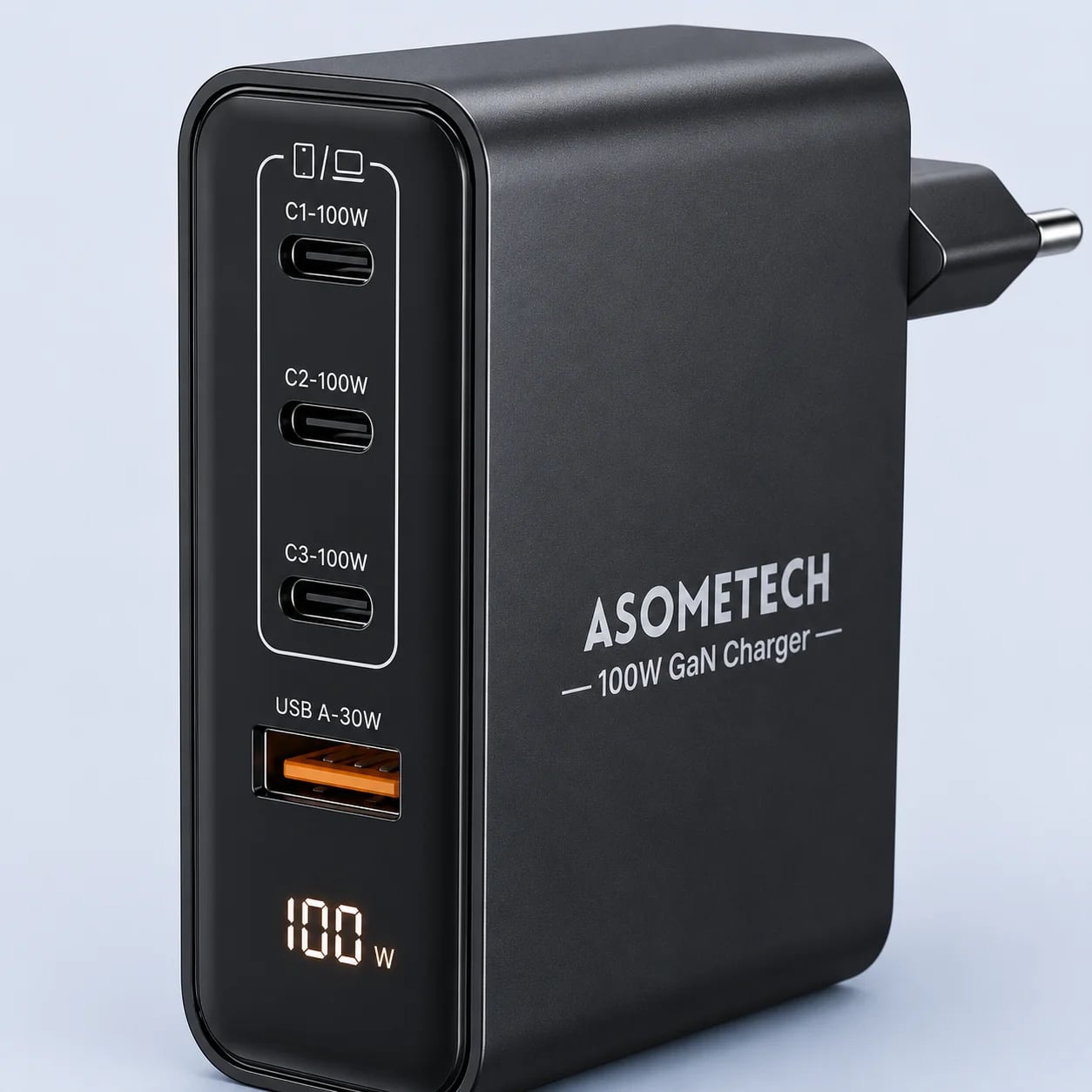Сетевое зарядное устройство Asometech 100W Display GaN PD QC 3USB-C + USB-A с дисплеем Черный