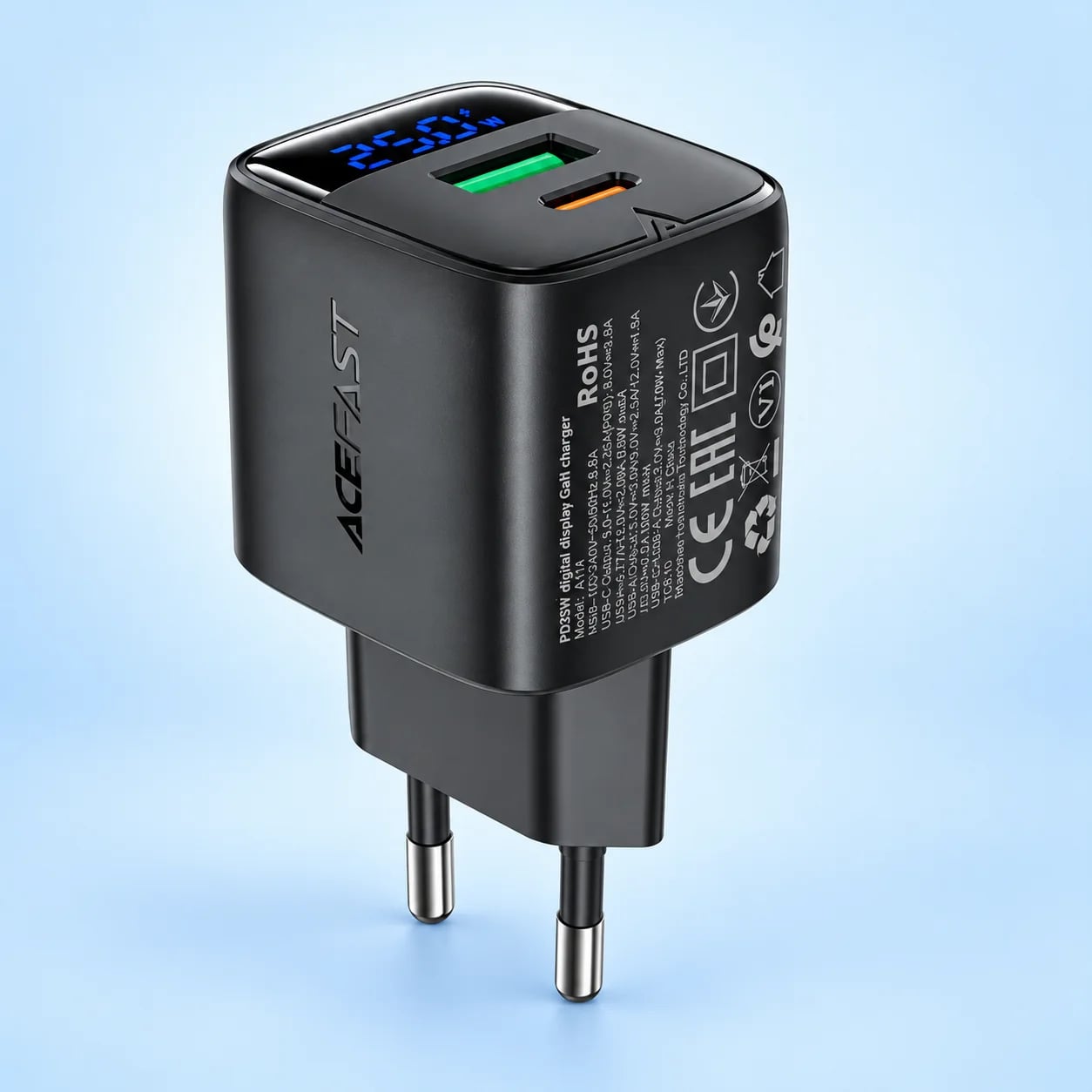 Мережевий зарядний пристрій ACEFAST A116 PD35W GaN charger (USB-A+USB-C) with digital display Black
